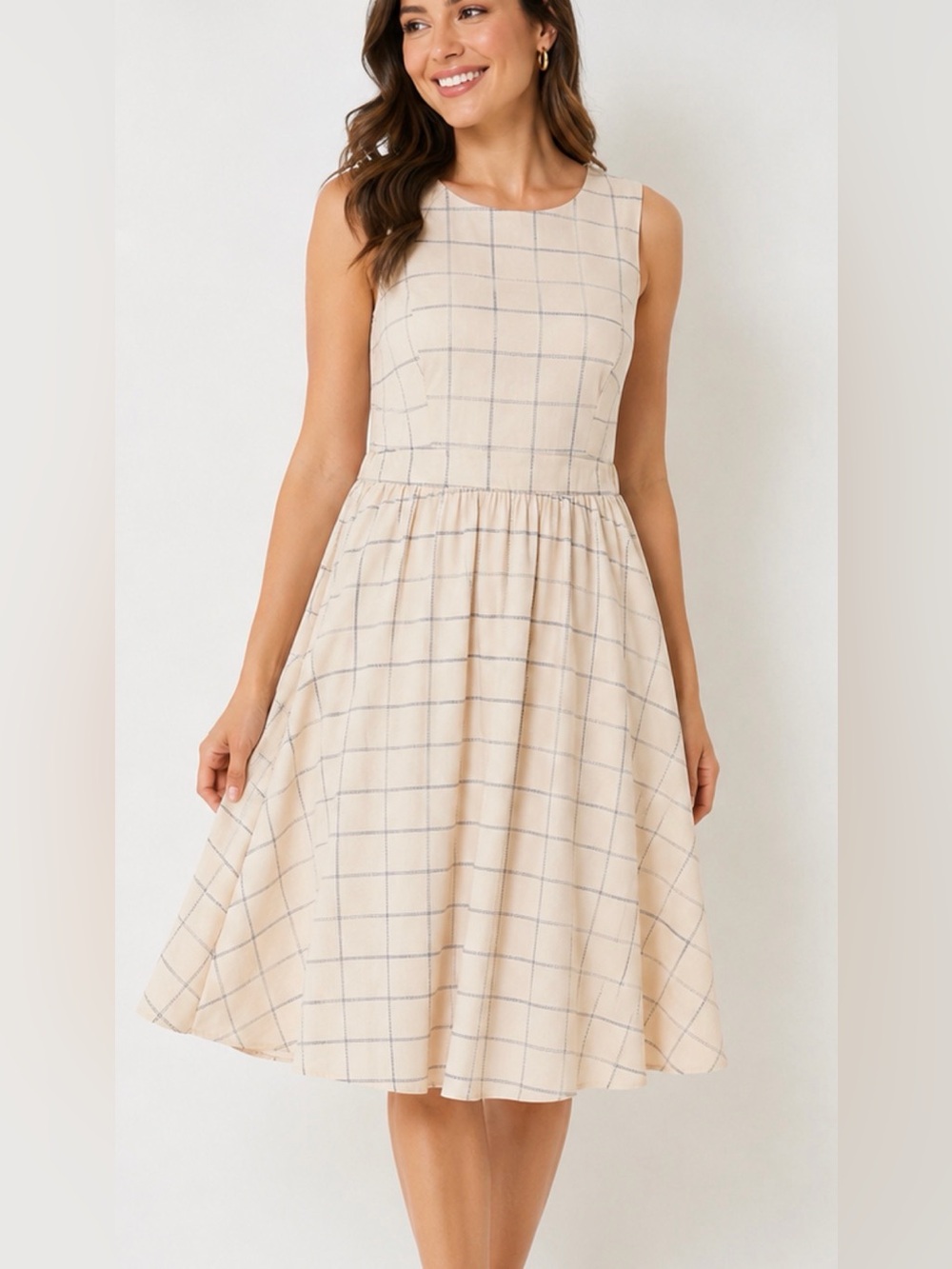 NWT Lara Fashion Sleeveless Plaid Fit & Flare Dress Women’s Medium Khaki Beige